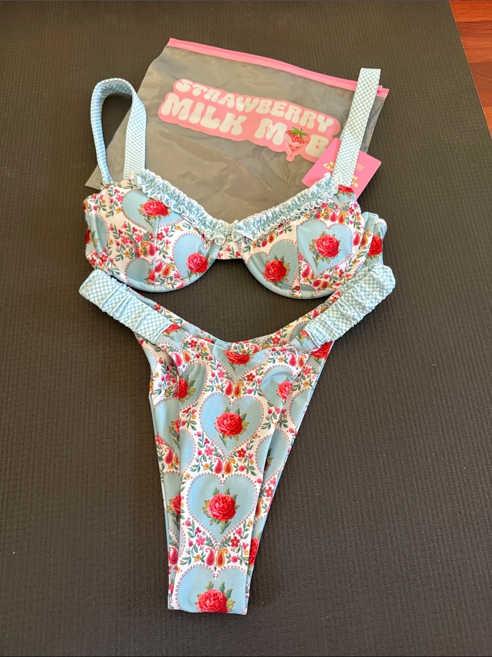 Strawberry Milk Mob Light Blue Floral Underwire Bikini Set with Pink Roses